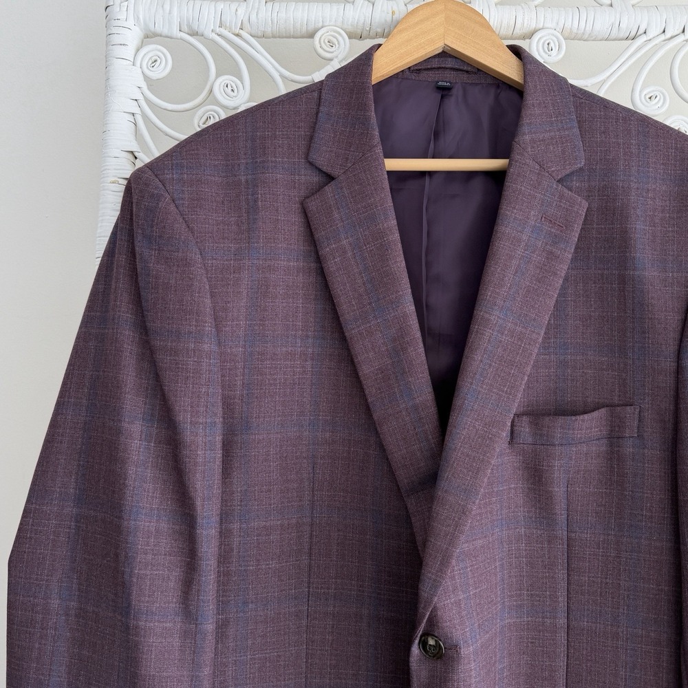 Jos A Bank Blazer Mens 46R Purple Plaid Wool Blend Sport Coat Dinner Jacket - Picture 2 of 13